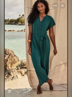 J Jill Autumn Green Short-Sleeve Button-Front Jumpsuit with Tie Waist